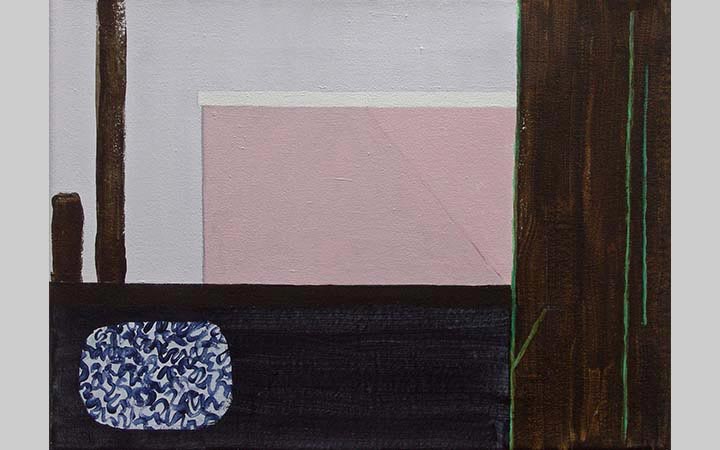  2014, 	Bosvijver en hut, acryl op doek,	44,5x32,5 cm
