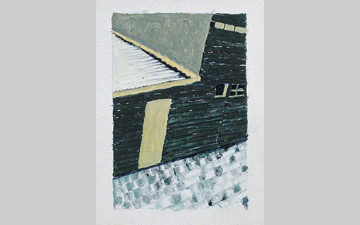  2014, 	Sneeuwschuurtje Zaandam 2, acryl op papier, 13x18 cm