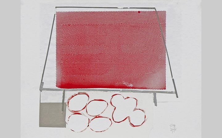 2015,	Rode tafel, collage op papier, 30x40 cm