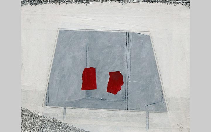 2015,	Rode stoeltjes in dug-out, collage op papier, 30x40 cm