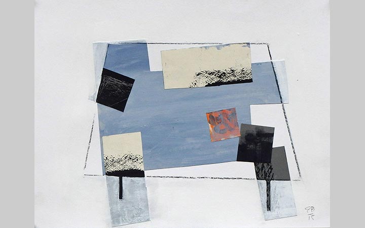 2015,	Blauwe tafel met oranje brief, collage op papier, 30x40 cm