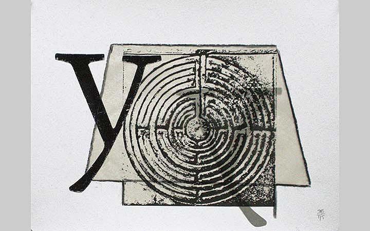 2015,	Y en het labyrinth 1 collage op papier, 30x40 cm, particulier bezit