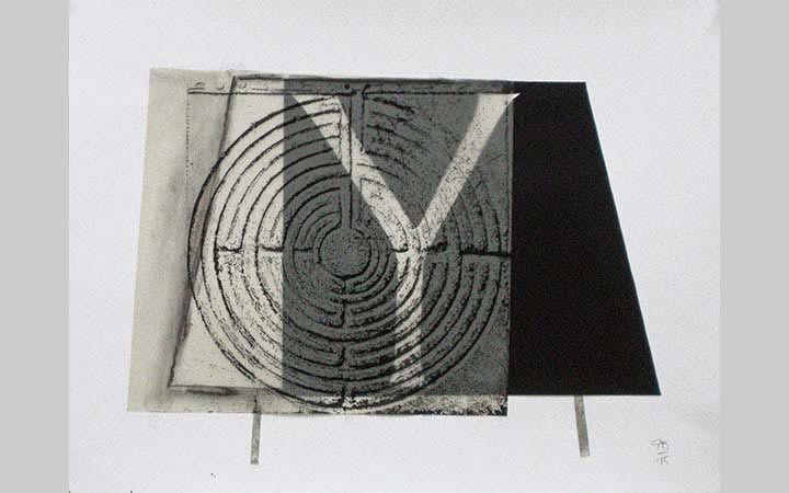 2015,	Y en het labyrinth 2 collage op papier, 30x40 cm, particulier bezit